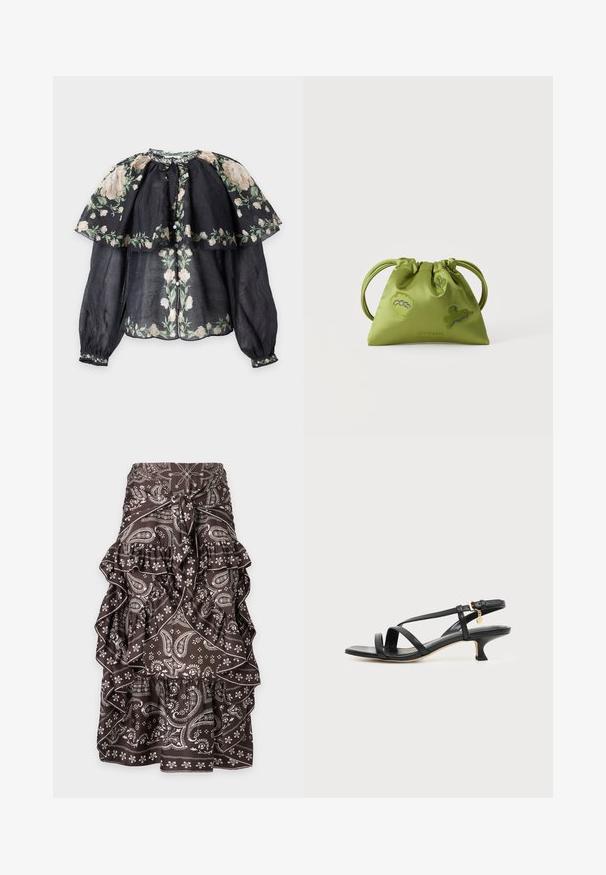 Blouse noire transparente à manches longues avec motifs floraux en rose clair et vert, présentant une superposition type cape et des boutons à l'avant.; Jupe marron avec motifs paisley et floraux blancs, volants superposés et nœud à l'avant à la taille.; Sandale noire en cuir à brides fines, talon bas kitten, boucle à la cheville et petit pendentif doré sur fond clair uni.; Sac à main vert à cordon avec deux poignées, décoré de formes abstraites bleues et vertes brodées, sur un fond blanc uni.