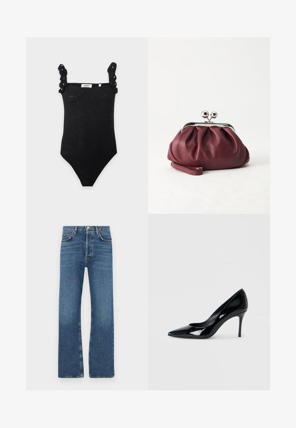 Body noir texturé avec des bretelles à volants décorées de petites perles blanches, étiqueté Sandro.; Jean bleu en denim, avec une coupe droite, cinq poches, une fermeture à boutons et des zones légèrement décolorées au niveau des cuisses.; Escarpin en cuir verni noir avec un bout pointu et un talon aiguille délicat. Texture lisse avec un fini brillant et un design minimaliste.; Petit sac pochette en cuir bordeaux avec fermoir métallique argenté et bracelet sur fond blanc.