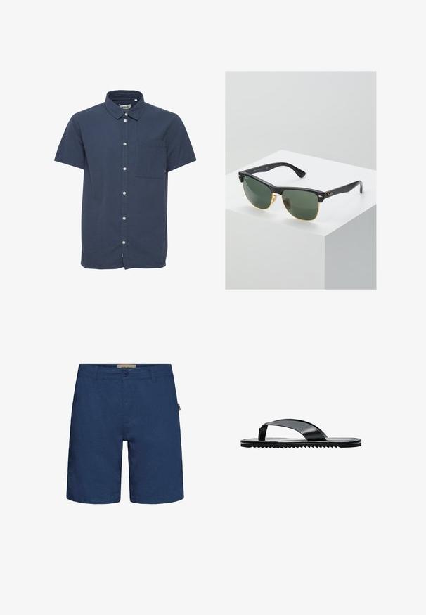 Chemise à manches courtes, à boutons, de couleur bleu marine, fabriquée en tissu texturé. Dotée d'une poche avant et de boutons blancs contrastants.; Shorts bleu marine en tissu à texture lisse, dotés d'une fermeture à bouton et d'une poche avant, coupés juste au-dessus du genou.; Sandale tongs plates noires avec une large bride d’orteil et une semelle texturée, vue de profil sur fond blanc.; Lunettes de soleil Ray-Ban avec des verres verts, monture en plastique noir et accents dorés sur les bords. Forme carrée avec une finition mate.