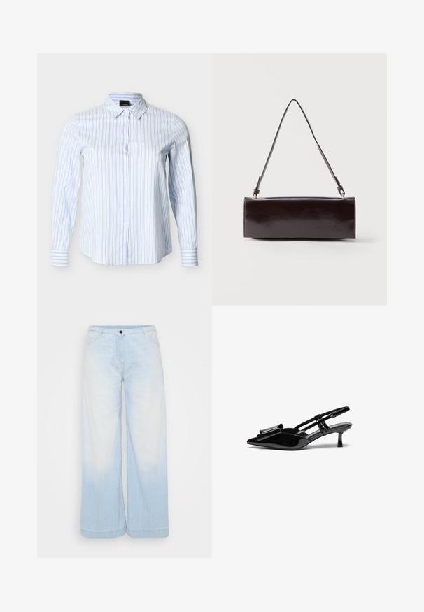 Pitkähihainen napillinen paita, jossa on sinisiä ja beigejä pystysuoria raitoja, terävä kaulus ja istuvat kalvosimet valkoisella taustalla.; Vaaleansiniset denim leveät farkut, joissa on liukuvärjäys, napillinen suljenta, etutaskut ja kontrastiväriset tikkaukset helman ympäri.; Mustat patenttinishengät, joissa on kärjellinen varvas, etuosassa jousiomainen yksityiskohta ja pieni stiletto-korko. Remmeissä on säädettävät soljet.; Suorakulmainen musta nahkainen käsilaukku, jossa on yksi pitkä hihna ja kiiltävä viimeistely, esitettyä yksinkertaista valkoista taustaa vasten.