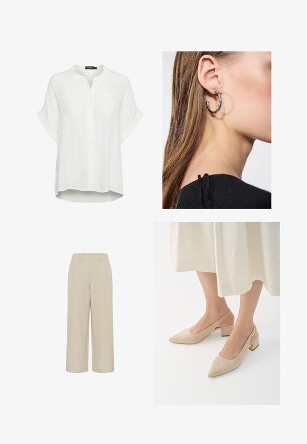 Blouse blanche à manches courtes fabriquée en tissu léger, avec un col mandarin, une fermeture à boutons et une coupe décontractée avec des fentes sur les côtés.; Pantalons larges beiges en tissu lisse, avec une taille plate, des poches latérales et une coupe décontractée avec un ourlet propre.; Escarpins à talon bloc en suède beige avec un bout pointu. Le design présente une découpe sur les côtés et un accent en boucle dorée.; Boucle d'oreille en argent avec une finition polie, présentant de petits détails en or et de forme ronde, portée sur le lobe.