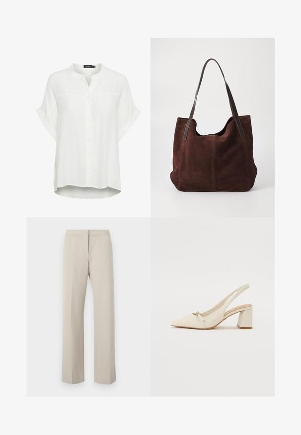 Blusa blanca de manga corta hecha de tejido ligero, con cuello mandarín, cierre de botones y un corte relajado con aberturas laterales.; Pantalones rectos beige con frente plano y sin hardware o patrones visibles. Fabricados en un tejido suave, presentan un diseño limpio y elegante.; Zapato slingback de cuero beige con punta afilada, tacón bajo en bloque y pequeño lazo en la parte delantera. Textura suave y diseño minimalista.; Bolso tote de ante marrón con dos asas de cuero oscuro. Textura suave, parte superior redondeada y un interior espacioso. Sin herrajes o adornos visibles.