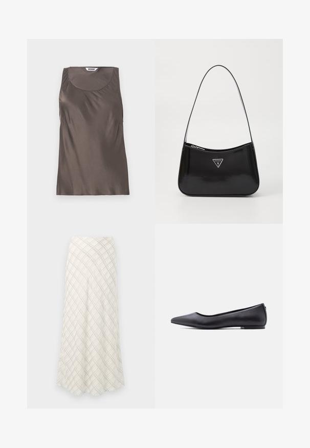 Haut sans manches en satin marron avec un col rond et un doux drapé sur les côtés. Étiquette visible à l'intérieur avec le nom de la marque "WEEKDAY."; Jupe longue de couleur crème avec un motif à carreaux diagonal gris. Design fluide avec une texture lisse, s'évasant vers l'ourlet.; Chaussure plate en cuir noire à bout pointu avec petit talon, vue de profil sur fond blanc.; Sac à épaule en cuir verni noir avec une forme incurvée, présentant un logo triangle en argent et une fermeture éclair. Texture lisse et bandoulière fine.