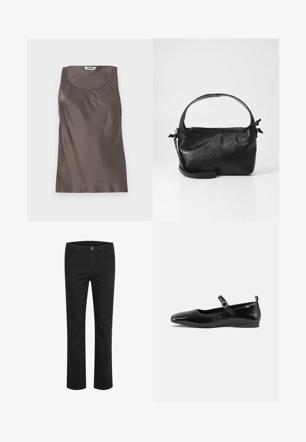 Brun satin ærmeløs top med rund halsudskæring og bløde draperinger i siderne. Etiketten indeni viser mærkenavnet "WEEKDAY."; Sorte denimbukser med lige ben-design, der har to frontlommer og en enkelt metalknap ved taljen. Glat tekstur.; Sorte patentlæder flade sko med spidse tæer, en ankelrem med spænde og en glat, blank tekstur. Lav hæl for komfort.; Sort læderhåndtaske med et struktureret design, rund tophåndtag og aftagelig skulderrem. Den har en glat tekstur og en subtil glans.