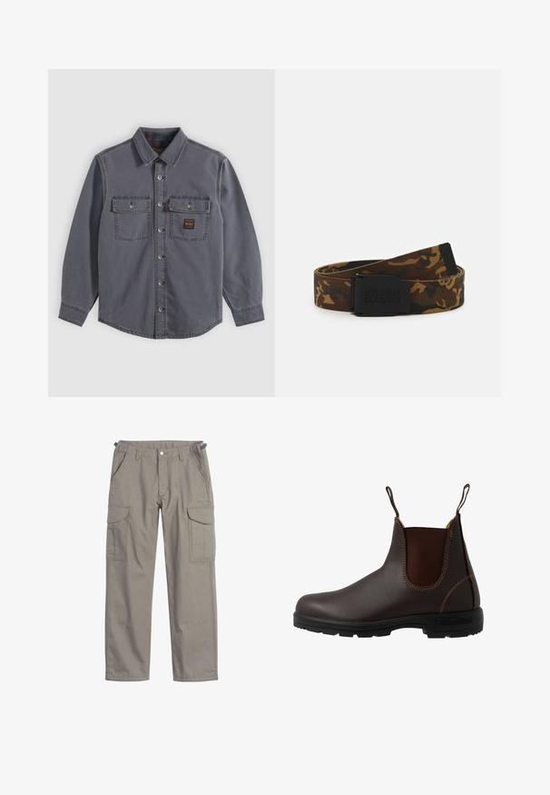 Donkergrijs overhemd met lange mouwen, knopen en kraag, twee borstzakken met kleppen en knopen en een klein rechthoekig patch op de rechter borstzak.; Cargo broek in lichtgrijze stof, met twee grote zijzakken, voorzakken, een knoopsluiting en een losse pasvorm.; Bruine leren Chelsea-laars met elastisch zijpaneel, bruine stiksels, trekriempjes en een duurzame rubberen zool met een gestructureerd patroon.; Camouflage-stof riem in verschillende tinten bruin en groen, met een zwarte gesp met het "URBAN CLASSICS"-logo en een gestructureerde afwerking.