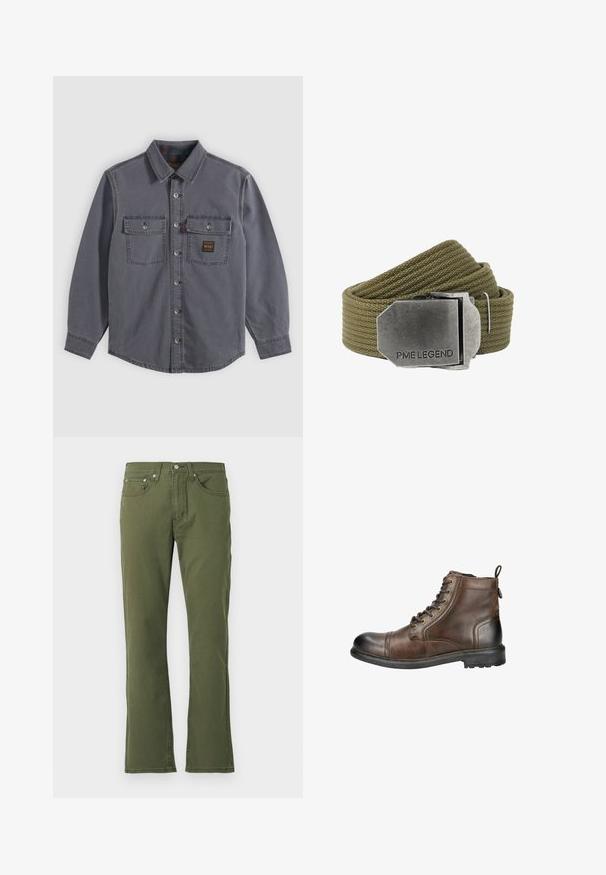 Langærmet mørkegrå skjorte med knapper og krave, to brystlommer med klapper og knapper samt en lille rektangulær lappe på højre lomme.; Olivengrønne flared jeans lavet af bomuld med en glat tekstur; har fem lommer, en knaplukning og diskrete stikninger.; Brune læder ankelstøvle med rund tå, snørebånd fortil og et hævet træk ved hælen. Har en robust sål med mønster for godt fodfæste.; Olivengrønt vævet stofbælte med en stor rektangulær børstet metal spænde indgraveret med "PME LEGEND."