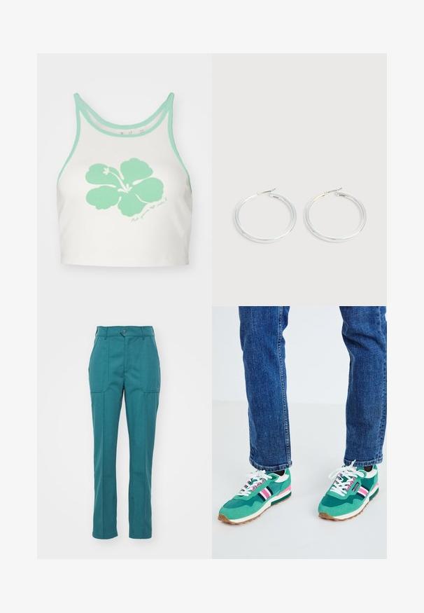 Biely crop top s mentolovo zeleným okrajom a veľkým mentolovo zeleným grafickým zobrazením kvetu hibiscus na prednej strane, s detaily ručne písaného textu nižšie.; Tyrkysové nohavice vyrobené z hladkej, texturovanej látky. Obsahujú zapínanie na gombík, dve predné vrecká a rovný strih nohavíc.; Zelené športové tenisky s bielymi a námorníckymi akcentmi, detailom ružového pruhu a textúrovanou tkaninou. Šnurované bielymi šnúrkami; gumová podrážka.; Pár lesklých strieborných kruhových náušníc s tenkými drôtenými zapínaniami, zobrazených na svetlo šedom pozadí.