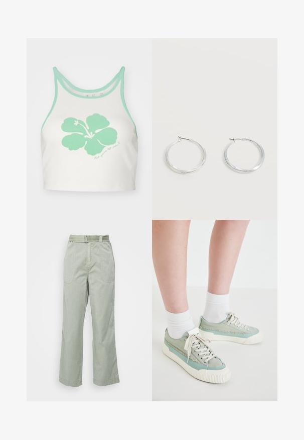 Valkoinen crop top, jossa on mintunvihreä reunus ja suuri mintunvihreä hibiskuskukka -grafiikka edessä, sekä käsin kirjoitettu teksti yksityiskohtana alapuolella.; Vaaleanvihreät, leveälahkeiset housut, jotka on valmistettu puuvillasta. Housuissa on vyölenkki, etutaskut ja ommeltu yksityiskohtia saumoissa ja helmoissa.; Vaaleanvihreät lenkkarit, joissa on teksturoitu harmaanruskea yksityiskohta, valkoiset nauhat ja uritettu vaaleanvalkoinen pohja, käytettyinä valkoisten sukkien kanssa. Litteä, matala muotoilu.; Hopeiset metalliset renkaskorvakorut, joissa on sileä, hieman kaareva pinta ja lukolliset takakiinnitykset yksinkertaisella valkoisella taustalla.