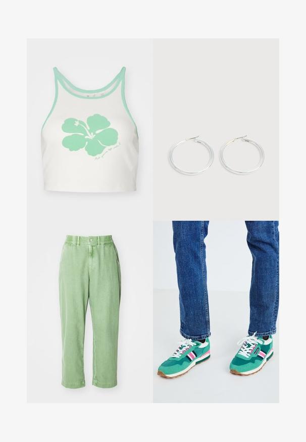 Witte crop top met mintgroene afwerking en een grote mintgroene hibiscusbloemgrafiek op de voorkant, met daaronder een handgeschreven tekstdetail.; Lichtgroene, relaxte broek gemaakt van zachte stof. Voorzien van een knoop en een elastische tailleband, met zijzakken en taps toelopende pijpen.; Groene sportsneakers met witte en marineblauwe accenten, roze streepdetails en een gestructureerde stof. Geveterd met witte veters; rubberen zool.; Een paar glanzende zilveren oorringen met dunne draadafsluitingen, getoond op een lichtgrijze achtergrond.
