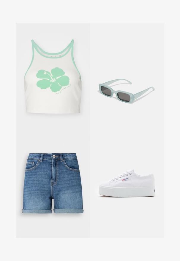 Witte crop top met mintgroene afwerking en een grote mintgroene hibiscusbloemgrafiek op de voorkant, met daaronder een handgeschreven tekstdetail.; Blauwe denimshorts met omgeslagen zomen, vooraan knoop- en ritssluiting, taillebandlussen en voor- en muntzakken.; Witte canvas sneaker met een dikke witte platformzool, ronde neus en metalen oogjes voor veters. Merkl logo aan de zijkant weergegeven.; Een paar rechthoekige zonnebrillen met lichtblauwe doorzichtige monturen en donkergrijze glazen, met rechte pootjes en minimale hardwaredetails.