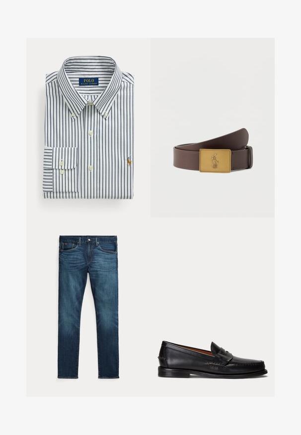 Kogutud valge triiksärk meresiniste vertikaalsete triipudega, nööpidega kraega ja Polo Ralph Laureni logo rinnal tikitud.; Tumesinised kitsad teksad esiküljel nööbi ja tõmblukuga, viie taskuga ning peene tuhmumisega reite ja põlvede eesosas.; Mustast nahast loafer madala kontsa ja penny rihma detailiga, näidatud küljelt helehallil taustal.; Pruun nahkvöö ristküliku kujulise kuldse pandlaga, millel on reljeefne Polo mängija hobusel, kes hoiab maletti.