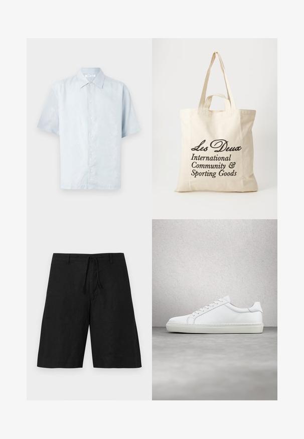Chemise bleu clair à manches courtes avec un motif de feuilles subtil, fermeture à boutons, et un col classique fabriquée dans un tissu lisse et texturé.; Shorts en lin noir avec une coupe décontractée, taille à cordon de serrage et sans motifs visibles. Le tissu semble léger avec une finition légèrement texturée.; Sneaker blanche avec une tige en cuir lisse et un profil bas. Présente un bout arrondi, six œillets et une semelle en caoutchouc texturé.; Sac tote en coton beige avec deux poignées robustes. Présente un texte imprimé en noir : "Les Deux International Community & Sporting Goods."