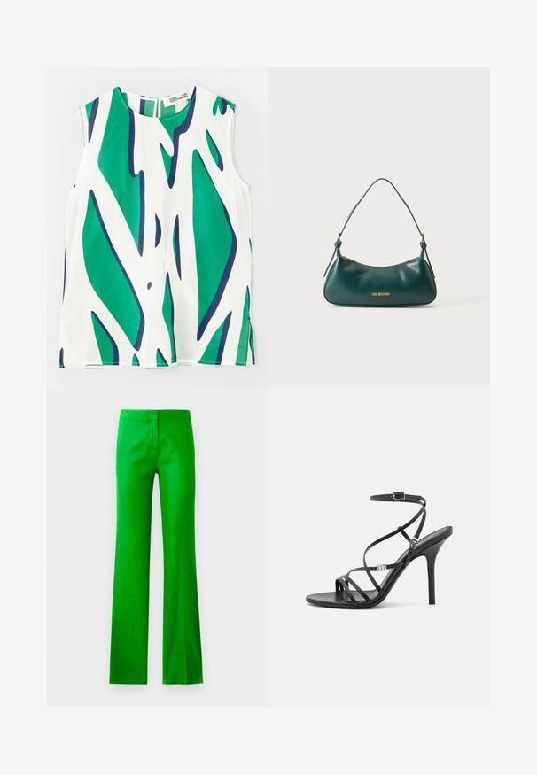 Débardeur en tissu léger, avec un motif abstrait vert vif et marine sur fond blanc. Encolure ronde avec un dos en forme de serrure.; Pantalons évasés vert vif en tissu lisse, avec une taille plate et sans poches visibles. Design épuré et minimaliste.; Sandale noire à talons hauts avec des brides fines, une boucle à la cheville, une surface en cuir lisse et un talon aiguille élancé.; Sac à épaule en cuir vert foncé avec une seule bandoulière, fermeture éclair dorée et logo "Love Moschino" doré au centre avant.