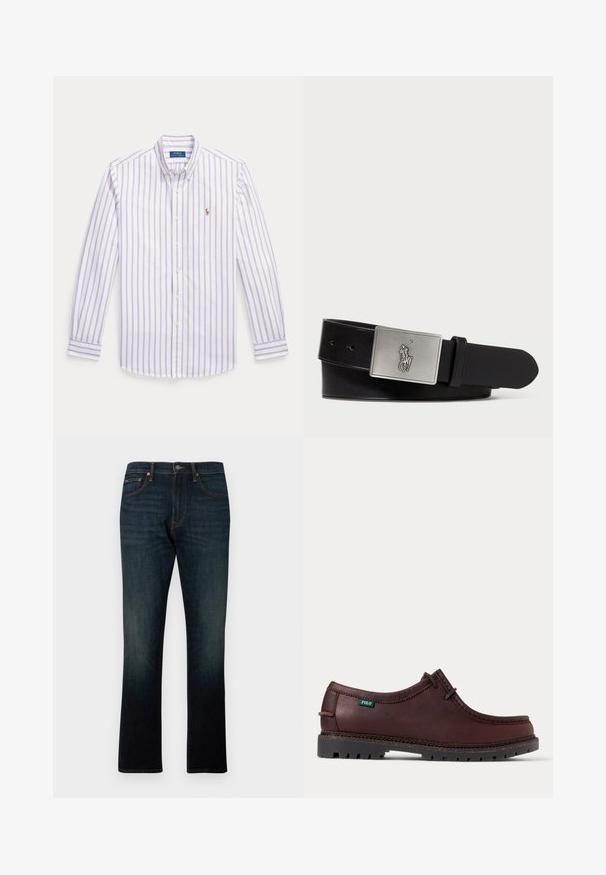 Hvid skjorte med lange ærmer med lodrette lyse lilla striber, knaplukket krave og lille broderet logo på brystet.; Mørkeblå straight-leg denim jeans med fem lommer og orange syninger, vist fladt på en hvid baggrund.; Mørkebrun lædermokkasinstil sko med sort robust sål og grønt Polo-logo mærke på siden, vist i sidevisning.; Sort læderbælte med en rektangulær sølvmetalspænde med et præget hestebuddy-logo, glat tekstur og fem hul til spænde.