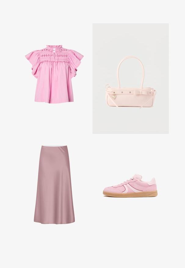 Blouse rose à manches courtes à volants, avec un haut smocké à motif en losanges et une petite fente à l'avant nouée avec des cordons en tissu.; Jupe midi en satin rose doux avec une silhouette trapèze et un tissu lisse et fluide.; Baskets basses en daim rose avec des rayures blanches, des lacets blancs, et une semelle en caoutchouc beige, vues de côté extérieur sur fond blanc.; Sac à main rectangulaire rose pâle avec double poignée, nœud décoratif, œillets métalliques et petit charm en forme de cœur sur un fond uni.