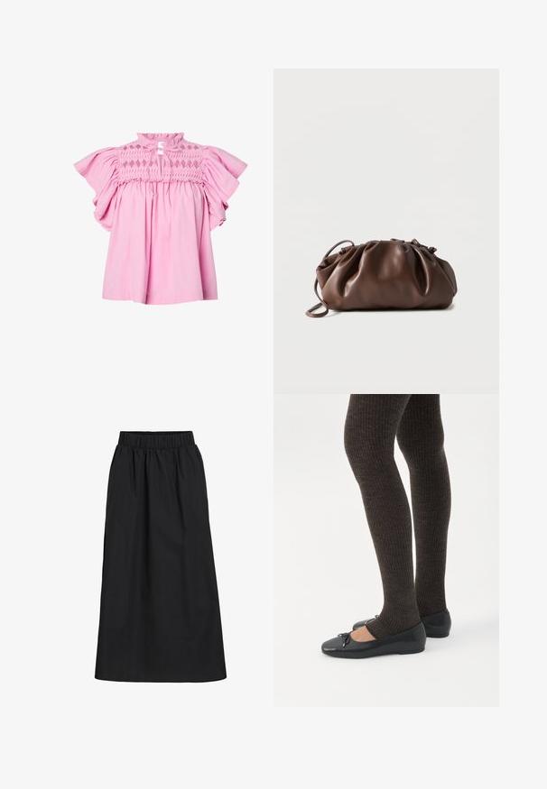 Roze blouse met korte ruches mouwen, bovenstuk met een diamantmotief en een kleine sleutelgatopening aan de voorkant, gestrikt met stoflinten.; Zwarte, knie-lange rok gemaakt van zachte, lichte stof. Heeft een elastische tailleband en een eenvoudig, vloeiend ontwerp zonder versieringen.; Benen met donkere geribbelde leggings gecombineerd met zwarte ballerina's met kleine strikdetails op een witte achtergrond.; Zachte bruine leren tas met samengevouwen bovenkant en smalle riem, liggend op een witte achtergrond.