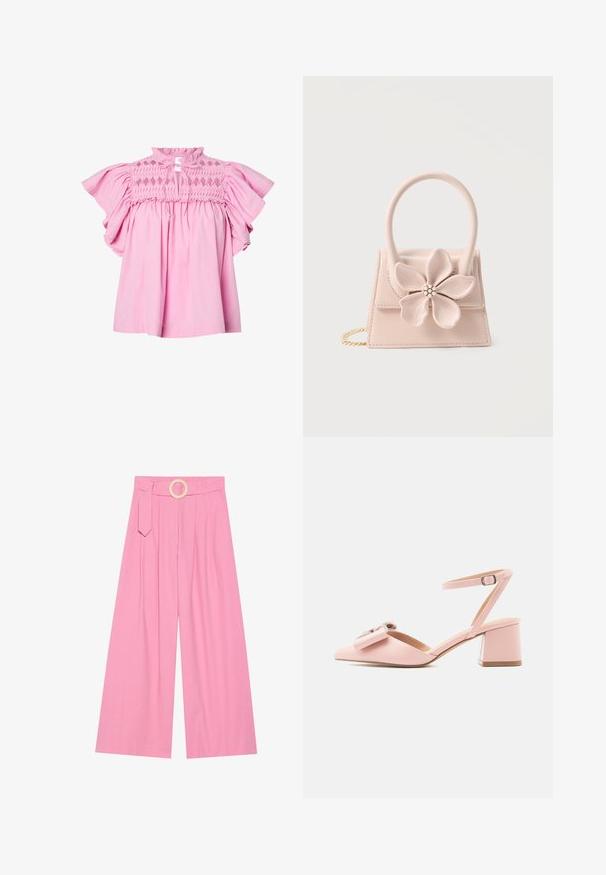 Blouse rose à manches courtes à volants, avec un haut smocké à motif en losanges et une petite fente à l'avant nouée avec des cordons en tissu.; Pantalons larges rose à taille haute, dotés d'une ceinture avec une boucle en bois circulaire et de plis pour la texture.; Chaussure rose à talon moyen avec bride à la cheville, bout pointu, nœud décoratif et boucle sur un fond clair uni.; Petit sac à main rose pâle avec une grande décoration florale ornée d'un centre en perles et strass, poignée supérieure et bandoulière en chaîne dorée.