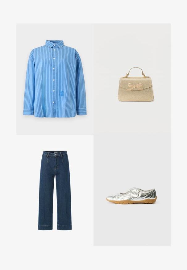 Blaues Hemd mit langen Ärmeln und Knopfleiste, weißen vertikalen Streifen, spitzem Kragen und besticktem Blumendetail im unteren Vorderbereich.; Dunkelblaue Schlagjeans aus Denim mit hoher Taille, vorderem Knopf- und Reißverschluss, Gürtelschlaufen und sichtbaren Nahtdetails.; Silberne Ballettschuhe mit einer strukturierten, glänzenden Oberfläche. Runde Zehenpartie, verstellbarer Riemen und eine sandfarbene Gummisohle mit Grip-Mustern.; Kleine goldene Handtasche mit strukturierter Oberfläche, Tragegriff oben und dekorativem, schleifenförmigem Verschluss, verziert mit kleinen Kristallen.