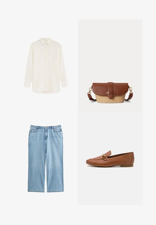 Witte blouse met lange mouwen, knoopsluiting, kraag en manchetten, gemaakt van lichtgewicht, halfdoorzichtig materiaal, getoond op een egale achtergrond.; Lichtblauwe denim culottes met een hoge taille, brede benen en een vijf-pocket ontwerp met contrasterende stiksels en een knoopsluiting.; Bruine leren instappers met een ronde neus, voorzien van een decoratieve gouden hardwareaccent. Platte zool en een glanzende afwerking.; Bruine leren en geweven stro schoudertas met klepsluiting en verstelbare riem met gespen in goudkleur.