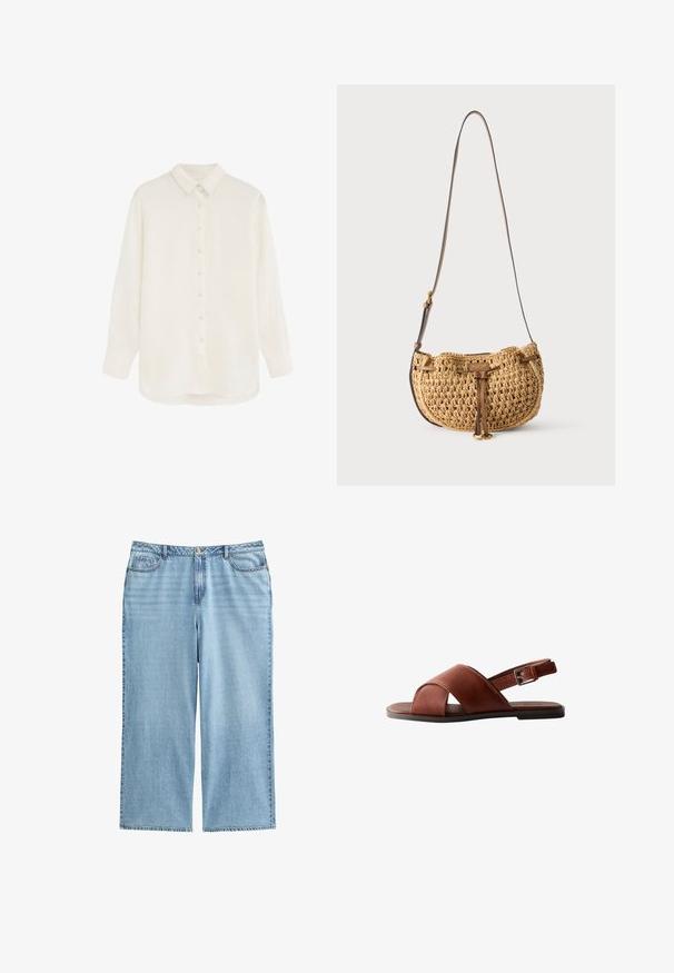 Camisa blanca de manga larga con botones, cuello y puños, hecha de tela ligera y semitransparente, mostrada sobre un fondo liso.; Culottes de mezclilla azul claro con cintura alta, piernas anchas y diseño de cinco bolsillos, con costuras en contraste y cierre de botón.; Sandalia plana de cuero marrón con tiras cruzadas y cierre ajustable con hebilla en la parte trasera sobre una suela delgada negra.; Pequeña bolsa de hombro tejida color marrón claro con correa de cuero marrón ajustable y detalle de lazo de cuero en la parte delantera, colgando sobre fondo blanco.