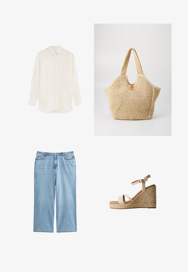 Witte blouse met lange mouwen, knoopsluiting, kraag en manchetten, gemaakt van lichtgewicht, halfdoorzichtig materiaal, getoond op een egale achtergrond.; Lichtblauwe denim culottes met een hoge taille, brede benen en een vijf-pocket ontwerp met contrasterende stiksels en een knoopsluiting.; Beige sleehak sandaal met gevlochten jute plateau, twee voorste bandjes, een enkelbandje met gesp en een bruine gevoerde binnenzool.; Grote stro tote bag met een getextureerde, beige buitenkant en twee brede handvatten. Beschikt over een leren accentriem voor sluiting.