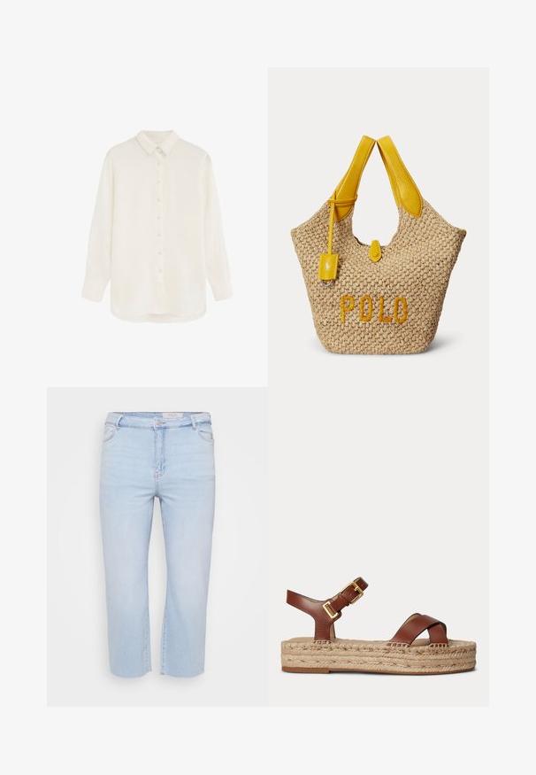 Langærmet hvid skjorte med krave og manchetter, lavet af let, semi-gennemsigtigt stof, vist på en ensfarvet baggrund.; Lyseblå, cropped denim jeans med høj talje, frynsede kanter og et klassisk fem-lomme design. Lavet af blødt, strækbart materiale.; Brun lædersandal med justerbar rem med guldbeslag og flettet jutesål med plateau mod en ensfarvet lys baggrund.; Beige vævet taske med gule læderhåndtag, et lille gult lædermærke og ordet "POLO" broderet i gult foran.