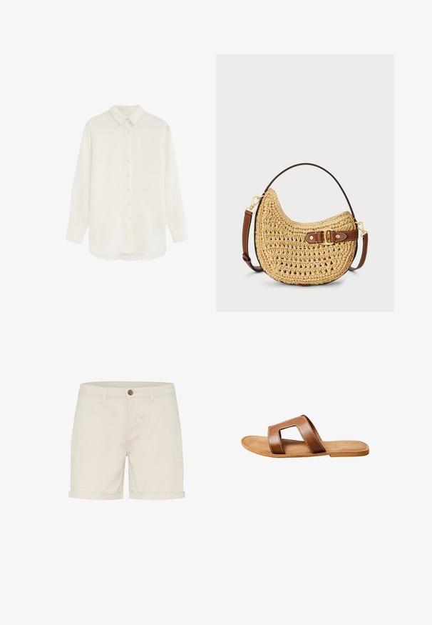 Langärmliges weißes Hemd mit Knöpfen, Kragen und Manschetten, aus leichtem, halbtransparentem Stoff, auf neutralem Hintergrund präsentiert.; Helle beige Baumwollshorts mit Knopfverschluss, umgeschlagenen Säumen und Seitentaschen. Glatte Textur und maßgeschneiderte Passform für Komfort.; Brauner Ledersandale zum Hineinschlüpfen mit breitem Riemen und rechteckigem Ausschnitt, flacher Sohle und sichtbarer weißer Naht auf weißem Hintergrund.; Geflochtene Strohtasche in Form eines Hobos mit einer geschwungenen Silhouette, einem braunen Ledertrageriemen mit Schnalle und einer natürlichen, tanfarbenen Optik. Texturierte Oberfläche mit sichtbaren Nähten.