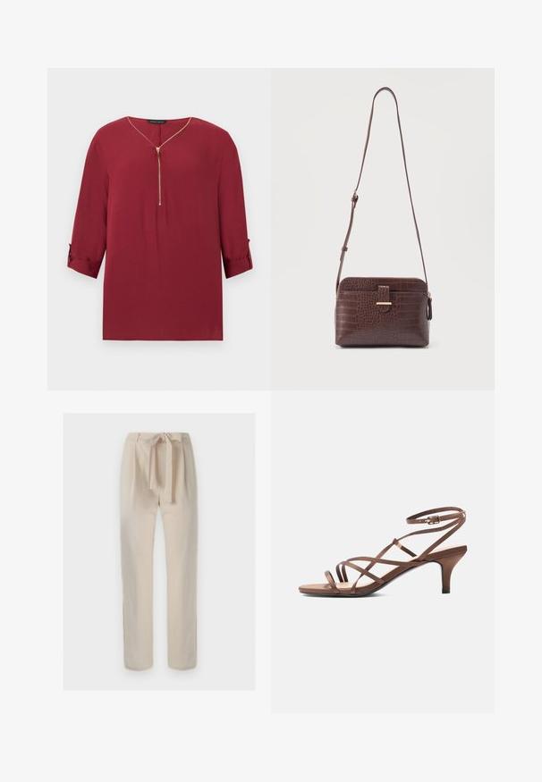 Blouse bordeaux à manches longues avec demi-fermeture éclair dorée et poignets retroussés, présentant un col en V et une coupe décontractée.; Pantalon beige taille haute avec une ceinture en tissu nouée en nœud, coupe droite et détails minimalistes sur un fond uni.; Sandale marron à fines brides, boucle à la cheville et talon de hauteur moyenne, vue de côté sur fond blanc.; Sac bandoulière en cuir embossé façon croco marron avec sangle réglable et poche avant à rabat sur fond uni.