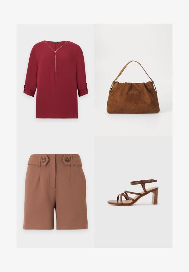 Blouse bordeaux à manches longues avec demi-fermeture éclair dorée et poignets retroussés, présentant un col en V et une coupe décontractée.; Shorts marron taille haute avec une fermeture avant dissimulée, des passants pour ceinture et deux boutons décoratifs marron sur des pattes inclinées à la taille.; Sandale en cuir marron à lanières avec un talon bloc et une boucle de cheville réglable sur un fond clair uni.; Sac à main en daim marron avec un design plissé, arborant une seule sangle en cuir beige et un discret logo doré à l'avant.