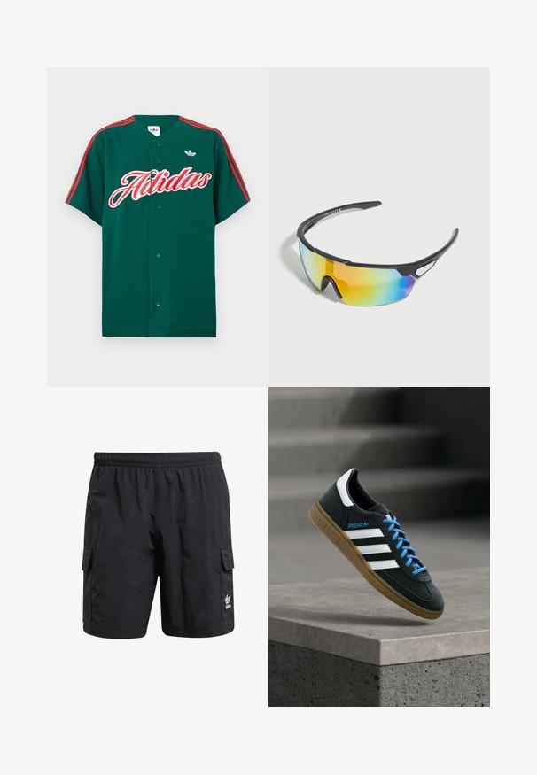 Camiseta de manga corta verde con botones, presenta rayas rojas en los hombros, texto bordado en blanco "Adidas" y un pequeño logo en la parte superior izquierda.; Pantalones cortos de carga negros con cintura elástica, dos bolsillos laterales y un logo en la parte inferior de la pierna. Hechos de una tela ligera con una textura suave.; Zapatilla negra Adidas con franjas blancas, cordones azules y suela de goma flotando sobre un escalón de hormigón gris con luz suave.; Gafas de sol deportivas negras con lentes envolventes tintados con colores del arcoíris y montura ligera, diseñadas para actividades al aire libre.