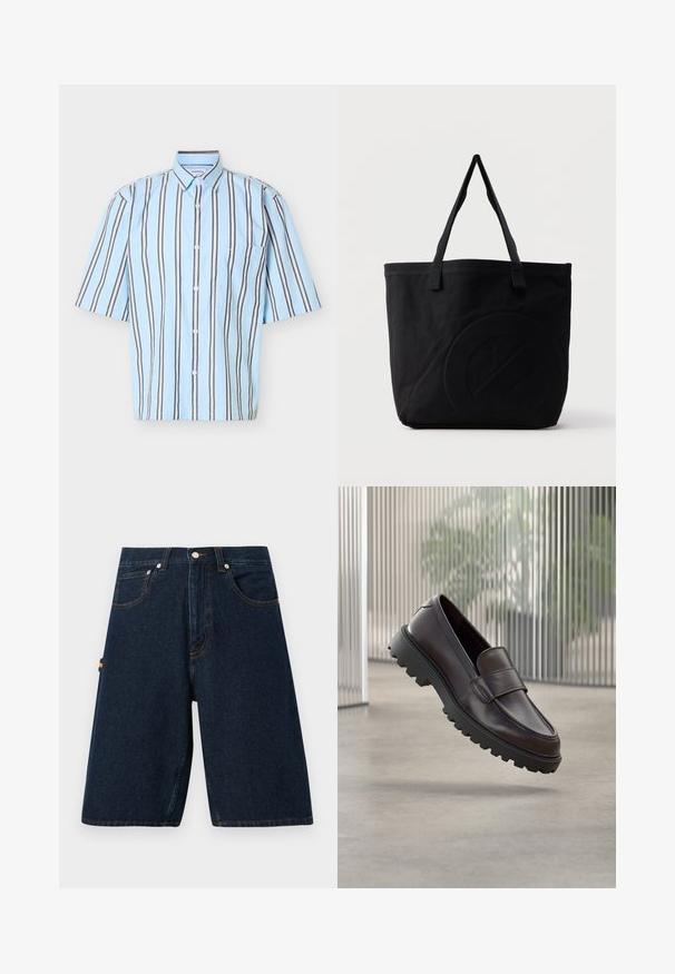 Chemise bleu clair à manches courtes avec boutons, rayures verticales blanches et brun foncé, et une poche poitrine sur fond blanc.; Shorts en denim foncé avec une coupe ample, design à cinq poches et coutures orange contrastantes. Présente une fermeture classique à bouton et à glissière.; Chaussure à enfiler en cuir marron avec un bout rond et une semelle en caoutchouc noire robuste. Présente une bride décorative traversant le coup de pied.; Sac fourre-tout en toile noire avec deux bandoulières et un motif circulaire discret en relief sur le devant.