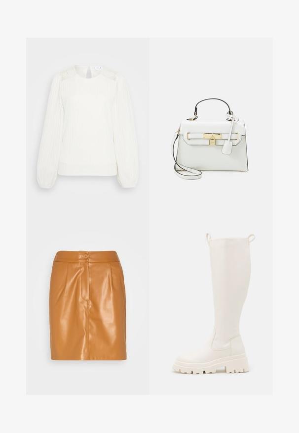 Witte gebreide blouse met een ronde halslijn, ballonmouwen en kantdetail op de schouders. Zacht, gewatteerd materiaal met een relaxte pasvorm.; VILA VILINE SHORT SKIRT - Minirok - toasted coconut; Kniehoge witte rubberlaarzen met een stevige zool en elastische zijpanelen. Voorzien van trekhaken aan de bovenkant voor gemakkelijker aan- en uittrekken. Glad textuur.; Witte handtas met krokodillenstructuur, gouden hardware, bovenhandvat en afneembare schouderband; beschikt over een slotvergrendeling en een minimalistisch ontwerp.