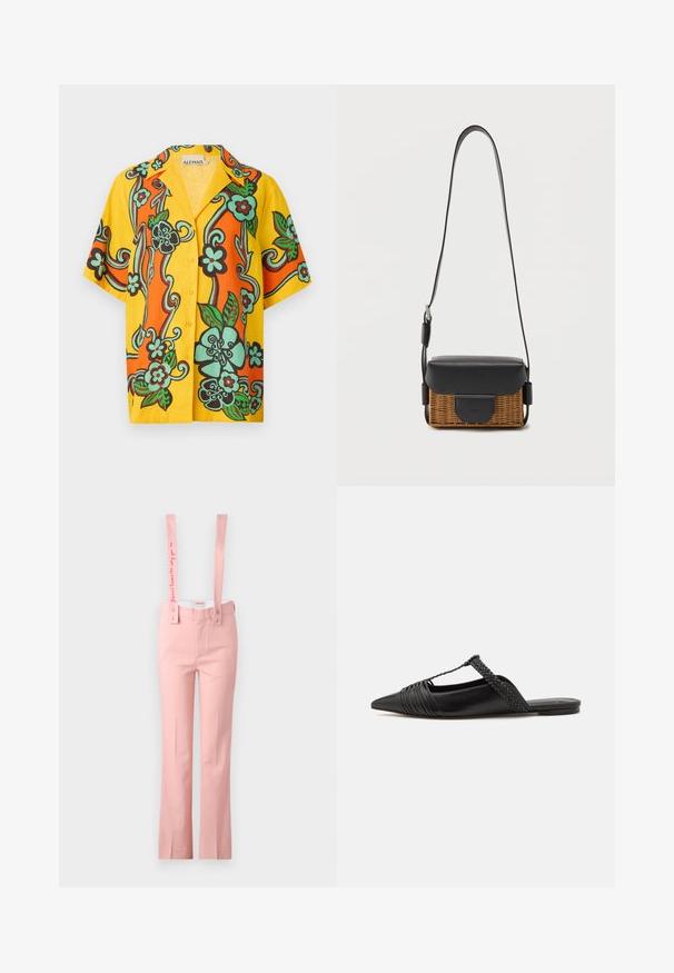 Alemais FLAME SHIRT - Nööpidega pluus - multi; Roosa pükse laiade jalgade ja reguleeritavate rihmadega; rihmadele on tikitud tekst; valmistatud siledast kangast.; Must kuulsad nahast kandadega kingad, millel on terav nina, koos kootud detaili ja volditud ülaosaga. Lame tald minimaalse riistvaraga.; Väike ristkott ristkülikukujuline kott punutud pruunil põhjal, musta nahast klapiga ja reguleeritava rihmaga valgel taustal.
