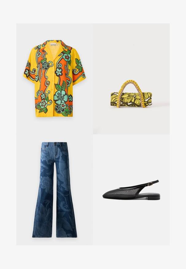 Alemais FLAME SHIRT - Blúzka so zapínaním na gombíky - multi; Džíny s rozšírenými nohavicami v tmavomodrej farbe so tonálnym kvetinovým vzorom. Štandardný dizajn s piatimi vreckami, s predným zapínaním na gombík a zips.; Čierna slingback balerína s ostrou špičkou, sieťovaným zvrškom, nastaviteľným remienkom s prackou a nízkym stohovaným podpätkom na bielom pozadí.; Obdĺžna taška so žltým a čiernym kvetinovým vzorom a pletenou žlto-ružovou rukoväťou na bielom pozadí.