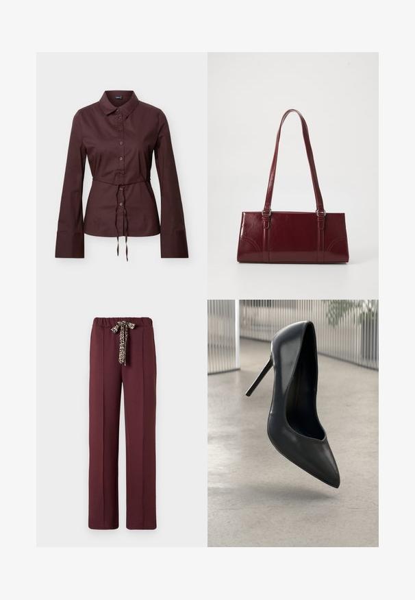 Camisa de manga larga de color marrón oscuro con botones y cuello, cintura con cordón ajustable y puños anchos, presentada sobre un fondo neutro.; Pantalones burdeos de corte relajado, con una cinturilla elástica y un cordón de leopardo. Tejido suave con costuras laterales.; Zapato de tacón alto de cuero negro con punta afilada, diseño elegante y sin herrajes visibles. Textura suave y estilo minimalista.; Bolso burdeos hecho de material brillante, de forma rectangular, con dos asas para el hombro y sutiles acentos curvados en la parte frontal.