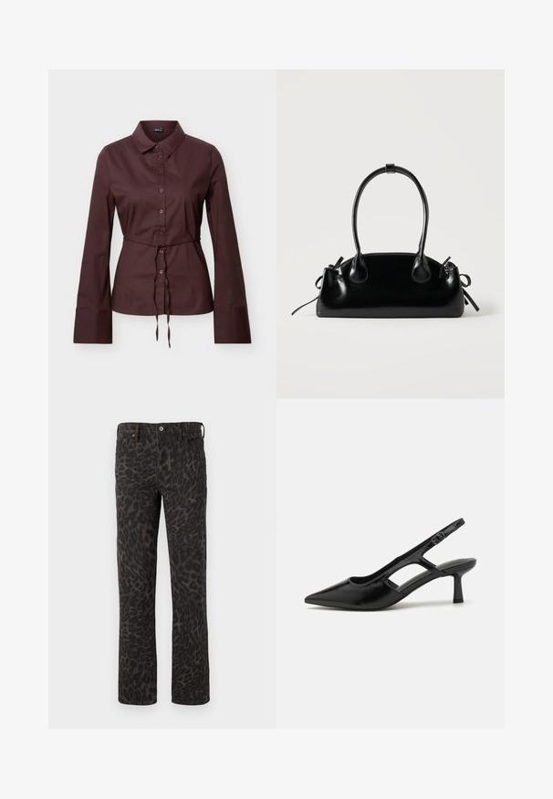 Chemise marron foncé à manches longues avec boutons, col, taille à cordon et larges poignets, présentée sur un fond neutre.; Jeans noirs avec un motif léopard, présentant un design à jambes droites, des poches avant et une fermeture à bouton. Fabriqués dans un tissu texturé.; Escarpins noirs à talon ouvert avec un embout pointu, fabriqués en matériau brillant, présentant des accents découpés et un talon modéré pour un bon soutien.; Petit sac à main noir brillant avec deux longues anses et des détails à cordon sur les côtés sur un fond clair uni.
