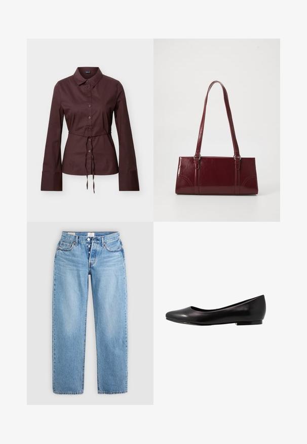 Chemise marron foncé à manches longues avec boutons, col, taille à cordon et larges poignets, présentée sur un fond neutre.; Jean en denim bleu clair avec une coupe droite, cinq poches et une fermeture à boutons. Présente des coutures décoratives et un ourlet propre.; Ballerine noire en cuir verni avec un bout arrondi et une semelle basse et plate. Sa texture est lisse avec un design simple et épuré.; Sac à main bordeaux en matériau brillant, de forme rectangulaire, avec deux anses et des accents légèrement courbés à l'avant.