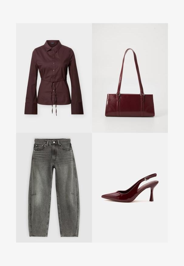 Dunkelbraunes, langärmliges Hemd mit Knopfleiste, Kragen, Kordelzug in der Taille und weiten Manschetten, auf neutralem Hintergrund präsentiert.; Hochtaillierte, grau gewaschene Jeans aus Denim mit fünf Taschen, Knopfverschluss und einer lässigen, geraden Passform.; Glänzender dunkelroter Slingback-Pumps mit spitzer Kappe, schmalem verstellbarem Riemen und zugespitztem Stiletto-Absatz auf weißem Hintergrund.; Burgunderfarbene Handtasche aus glänzendem Material, rechteckige Form, mit zwei Schulterriemen und subtilen, geschwungenen Akzenten an der Vorderseite.