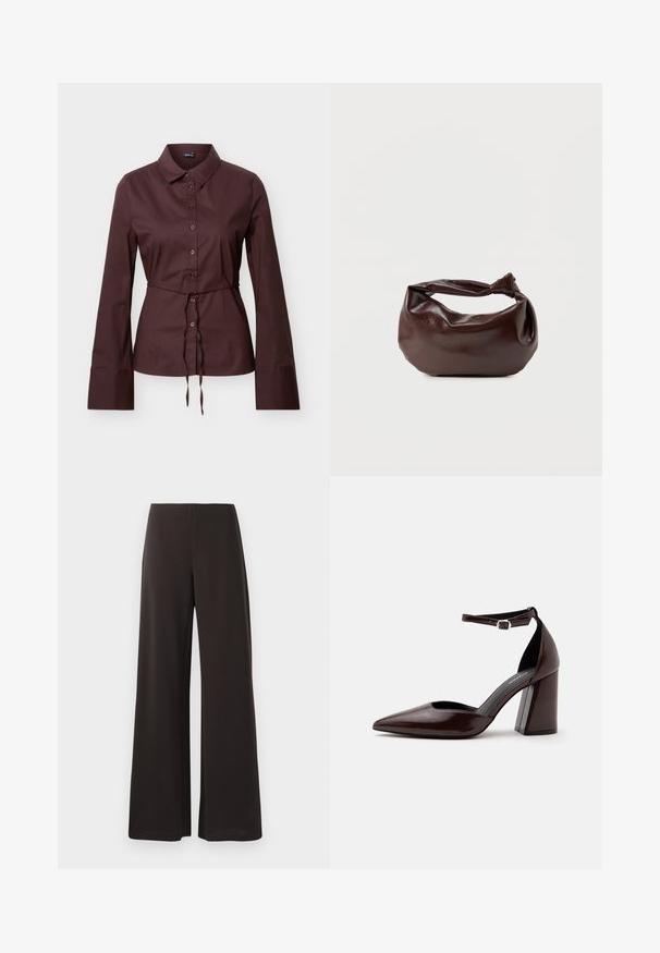 Chemise marron foncé à manches longues avec boutons, col, taille à cordon et larges poignets, présentée sur un fond neutre.; Pantalons larges noirs en tissu lisse et extensible. Ils présentent une taille haute et un design épuré et minimaliste sans fermetures visibles.; Chaussure à talon haut en cuir marron foncé à bout pointu, avec bride à la cheville et boucle argentée sur fond blanc.; Sac bandoulière en cuir marron foncé avec une forme souple et décontractée et une anse nouée torsadée sur un fond blanc uni.