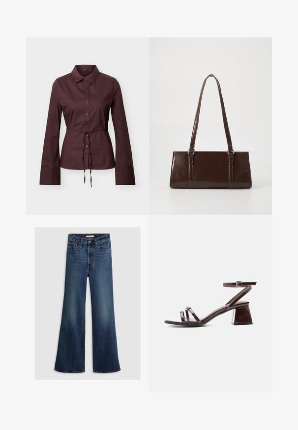 Camisa de botão castanho escuro de manga comprida com gola, cintura com cordão e punhos largos, exibida sobre um fundo neutro.; Jeans de perna larga em denim azul escuro, com uma cintura alta, design de cinco bolsos e costura em contraste ao longo das costuras e da cintura.; Sandália em pele verniz castanho escuro com salto bloco, tira no tornozelo com fivela e duas tiras finas sobre os dedos, em fundo branco.; Bolsa de mão em couro patente castanho com formato retangular, duas alças longas e acentos curvos sutis na parte da frente.