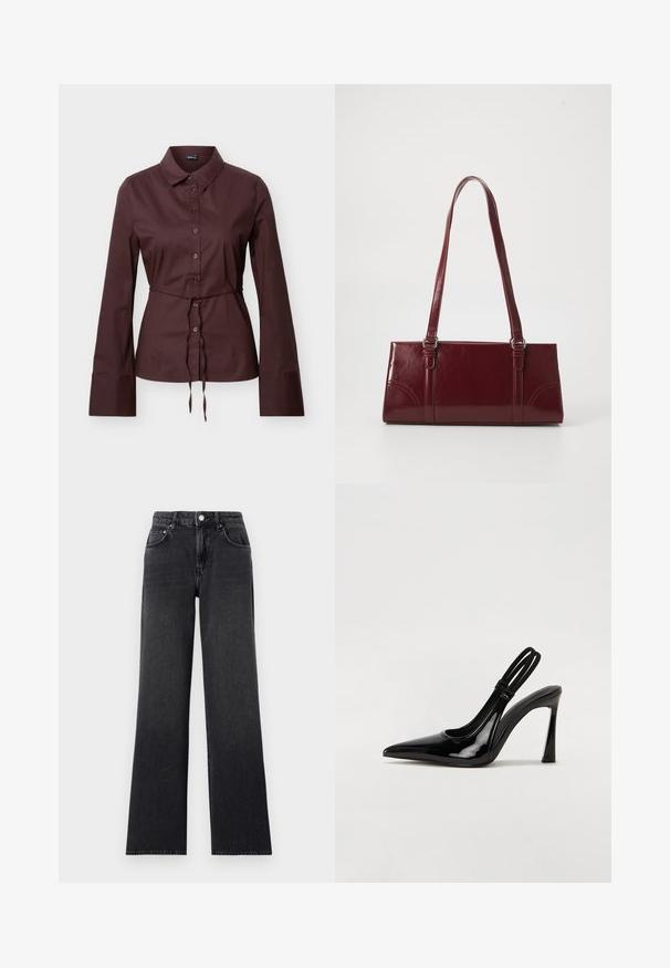 Camisa de manga larga de color marrón oscuro con botones y cuello, cintura con cordón ajustable y puños anchos, presentada sobre un fondo neutro.; Jeans anchos negros de denim, con cintura alta, trabillas para cinturón y diseño clásico de cinco bolsillos con acentos de cobre.; Zapato de tacón con tirante en negro de charol, punta afilada, tacón alto y delgado, y doble tira elástica para un ajuste seguro. Superficie suave y brillante.; Bolso burdeos hecho de material brillante, de forma rectangular, con dos asas para el hombro y sutiles acentos curvados en la parte frontal.