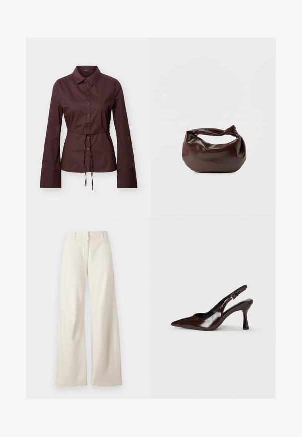Chemise marron foncé à manches longues avec boutons, col, taille à cordon et larges poignets, présentée sur un fond neutre.; Pantalons larges en tissu coton crème. Présente une taille haute, un design structuré et des détails de couture minimalistes. Devant plat avec poches.; Talons slingback en cuir verni brun avec un bout pointu, un talon fin, et une sangle réglable avec une petite boucle.; Sac bandoulière en cuir marron foncé avec une forme souple et décontractée et une anse nouée torsadée sur un fond blanc uni.