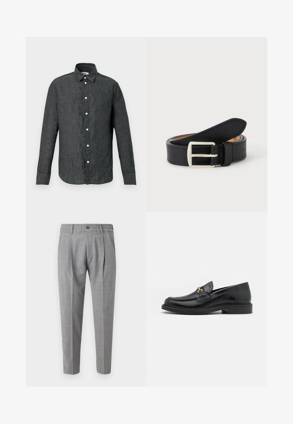 Chemise boutonnée à manches longues gris foncé avec col pointu et boutons blancs, présentée sur un fond gris clair.; Pantalon gris clair sur mesure avec ceinture élastique, fermeture par bouton, poches latérales et plis sur le devant, présenté sur un fond uni.; Mocassins en cuir noir avec un embout rond, présentant des accents en métal doré et des détails de couture, montés sur une semelle en caoutchouc texturé et basse.; Ceinture en cuir noir roulée avec une boucle en métal argenté rectangulaire visible sur un fond clair uni.