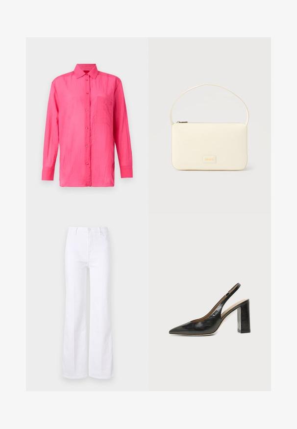 Langærmet skjorte med knapper i klar pink, lavet af letvægtsmateriale. Har en brystlomme og tekstureret stoffinish.; Hvide flared jeans lavet af denim, med høj talje, forlommer og knaplukning. Glat tekstur og rene linjer.; Sort læder peep-toe slingback sko med høj blokhæl og beige indvendig foring mod en ensfarvet lys baggrund.; Kremfarvet rektangulær håndtaske med en enkelt rem og lynlås øverst, med en lille præget logo-plakette foran.