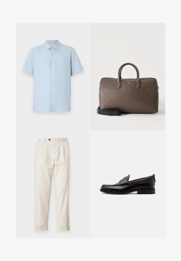 Camisa de manga corta abotonada en azul claro y blanco con patrón pequeño de cuadros y cuello clásico sobre fondo blanco.; Pantalones color crema con un corte ajustado, con cierre de un solo botón, frente plisado y dobladillos con puños. Fabricados en un tejido ligero.; Mocasín de hombre de piel negra con costura moc toe, tira penny, cuello texturizado y tacón bajo apilado sobre fondo blanco.; Bolsa de lona marrón de cuero con dos asas, una correa de hombro negra ajustable y un pequeño logo "BOSS" en el centro frontal.