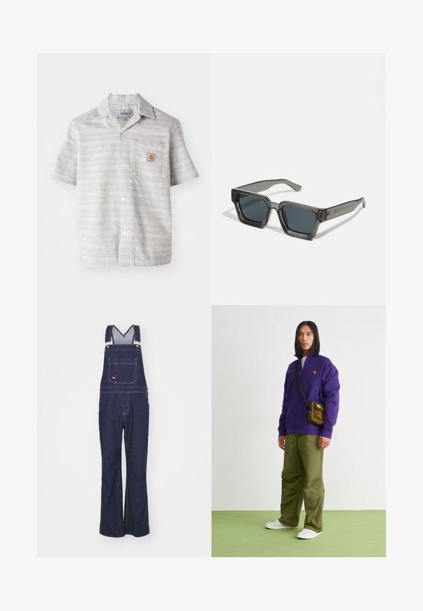 Lyhythihainen paita vaaleanharmaana, jossa on pystysuorat raidat, nappisuljenta ja rintatasku, jossa on pieni oranssi logo. Puuvillasekoitekangas.; Dickies CLASSIC - Straight leg -farkut - rinsed; Jordan AIR JORDAN 1 ZM CMFT 2 - Korkeavartiset tennarit - summit white/bicoastal/oxidized green; Jack & Jones JACPETER SUNGLASSES UNISEX - Aurinkolasit - grey