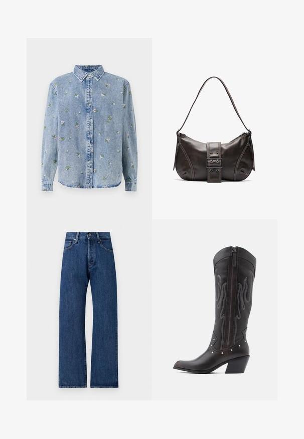 Hele sinine denim särk nupuga kraega, millel on rohelise ja roosa õie tikandeid. Klassikaline lõige, pikad varrukad.; Laia siniste denim'i teksad, millel on kulunud pesu. Neil on nupukinnitus, vöölõngad ja viis taskut hoiustamiseks.; Pruunid nahast kootsasaapad leegitikkimisega, küljes lukk, hõbedased naelad, terav nina ja paks konts.; Pruunist nahast õlakott kumerate joontega, millel on silmapaistev pandla detail, kontrastne õmblus ja üks õlavarre rihm.