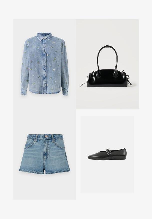 Chemise en denim bleu clair avec un col boutonné, ornée d'une broderie florale éparpillée en vert et rose. Coupe classique, manches longues.; Shorts en denim bleu clair avec taille haute, ourlet effiloché, surpiqûres contrastantes et poches avant. Comprend un bouton en métal et une étiquette de marque.; Chaussure plate en cuir noir avec un orteil pointu, présentant une sangle à boucle métallique sur le cou-de-pied et une semelle basse et flexible.; Petit sac à main noir brillant avec deux longues anses et des détails à cordon sur les côtés sur un fond clair uni.