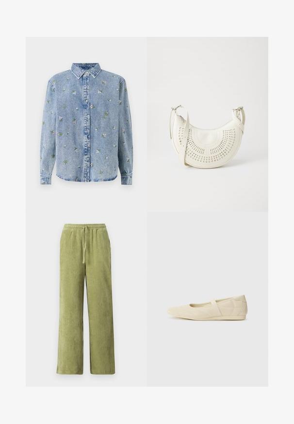 Lichtblauwe denimshirt met een kraag met knopen, versierd met verspreide bloemenborduursels in groen en roze. Klassieke snit, lange mouwen.; Groene corduroybroek met een wijde pijpdesign, elastische tailleband en aansnoerdetail. Verticale ribbels in de stof creëren textuur.; Beige ballerina's met een gladde leren buitenkant, amandelvormige punt en elastische band over de wreef, met subtiele stiksels.; Witte vegan leren schoudertas met een geperforeerd cirkelontwerp, verstelbare schouderriem en gegraveerd logo op de voorkant. Ritssluiting aan de bovenkant.