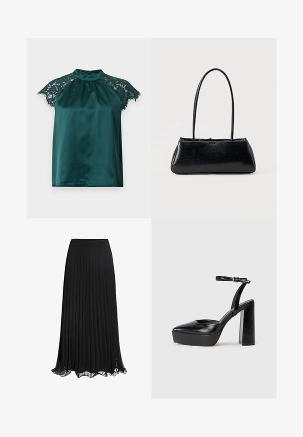 Blusa verde de satén con cuello alto, que presenta mangas cortas de encaje y un frente plisado. Textura suave con detalles en encaje.; Falda maxi plisada negra hecha de un tejido liviano con un diseño fluido. Cuenta con un dobladillo con volantes y una cinturilla elástica para mayor comodidad.; Zapatos de tacón negro con punta afilada y correa ajustable en el tobillo. Confeccionados en cuero suave, presentan un tacón grueso.; Bolso de hombro rectangular negro con correas largas y delgadas y una textura lisa y brillante sobre un fondo liso.